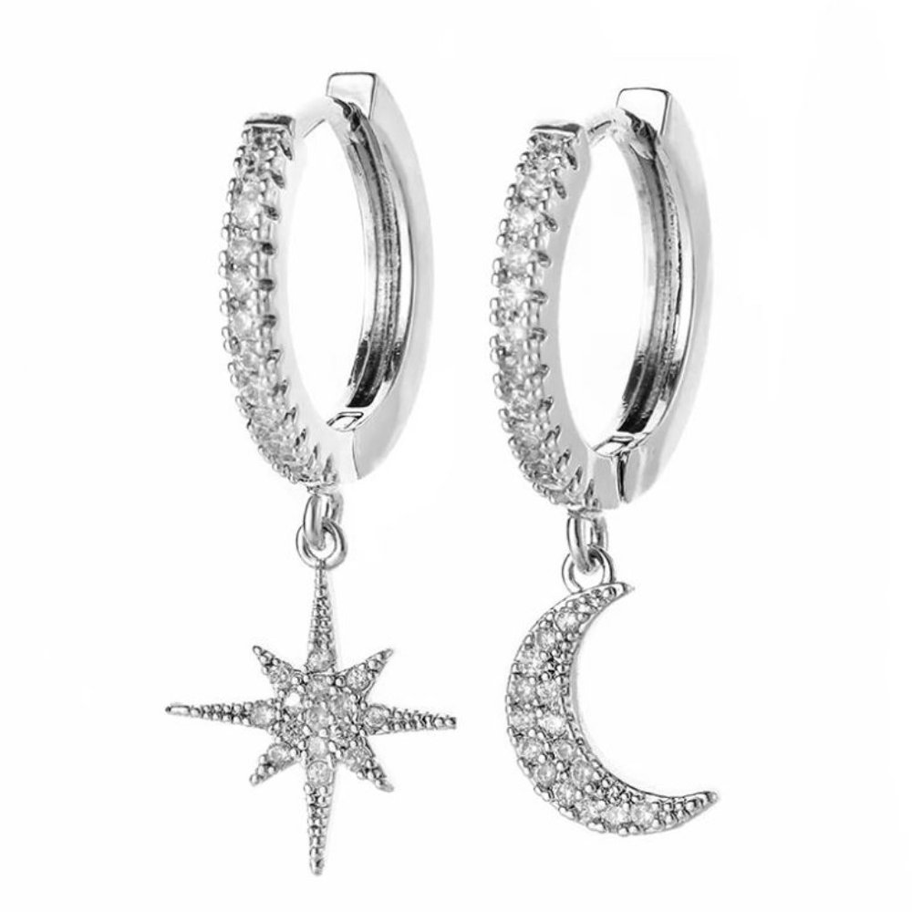 Sparkly Celestial Star Moon Hoop Earrings